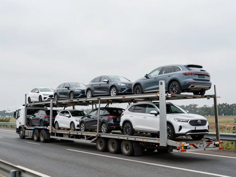 A multi-car transport carrier trailer loaded with clean modern passenger vehicles driving on a highway, bright overcast daylight, crisp industrial photography