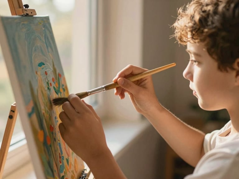 Hands of an adult and youth holding a paint brush together over a colorful canvas, natural golden-hour window light, candid