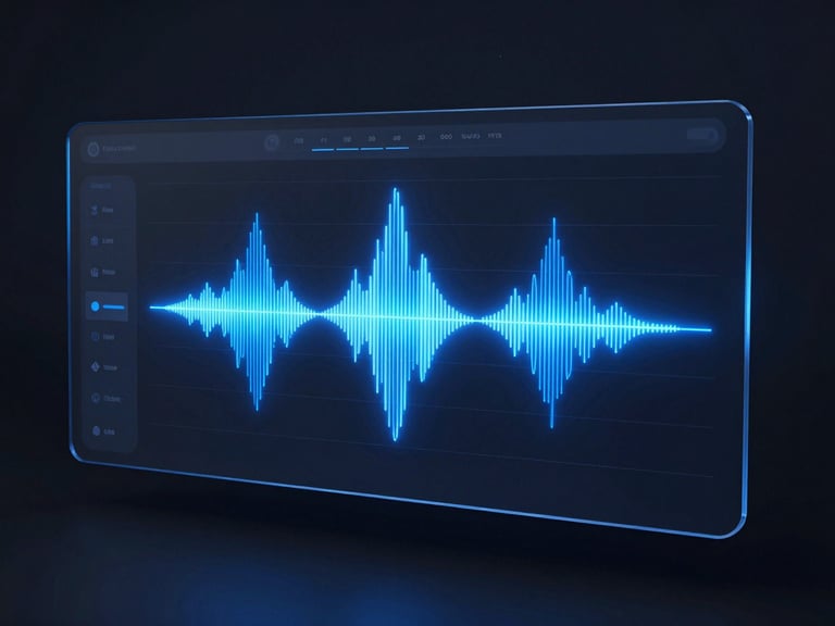 Sleek digital music distribution dashboard interface, glowing electric blue audio waveforms, dark studio ambient light, 3d render