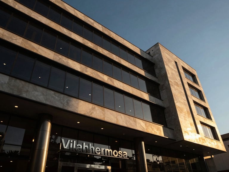 Low-angle shot of a sleek, high-end business center lobby in Villahermosa, architectural lines, golden-hour light reflecting on polished surfaces, emphasizing corporate power, 35mm.