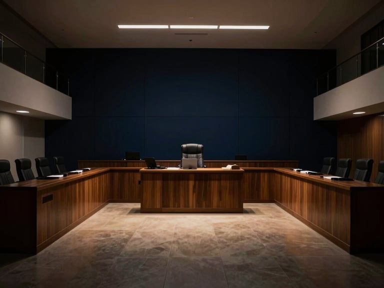 Dramatic wide-angle shot of a modern, elegant oral courtroom interior in Villahermosa, low-key lighting, empty, focusing on the imposing judge's bench, deep shadows, 35mm.