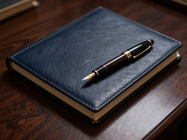 Close-up of a luxurious leather-bound legal document on a dark mahogany desk, a vintage fountain pen resting beside it, dramatic low-key lighting, emphasizing precision and tradition, 35mm.