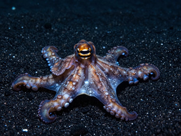 Sharp macro underwater photography of a mimic octopus sprawling over dark volcanic sand, high-contrast strobe lighting, ultra-detailed, 35mm
