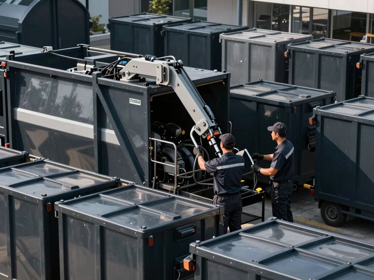 Dynamic shot of clean, modern waste management equipment in action, with organized containers and a professional team, under high-contrast daylight, focusing on efficiency.