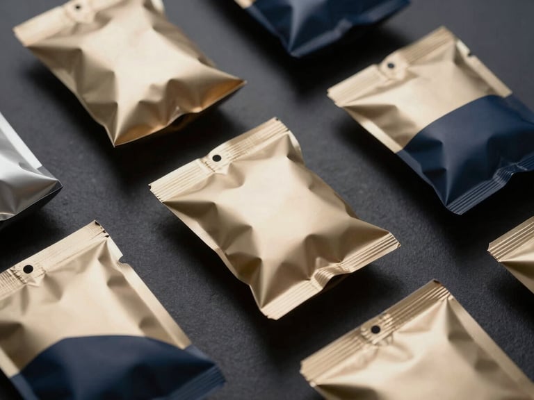 Sharp macro shot of sleek, premium consumer product packaging in metallic gold and deep navy, arranged on a dark, polished surface under crisp studio lighting.