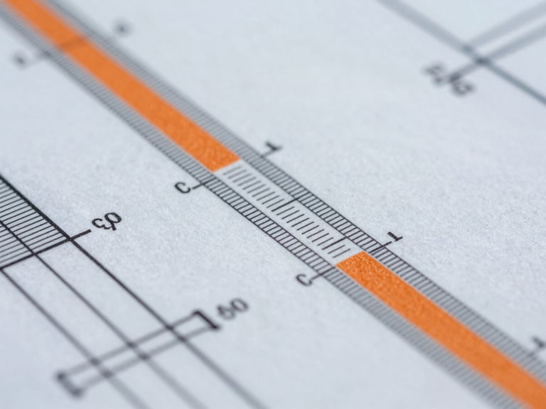 Macro close-up of a technical blueprint with precise measurements, cool overcast daylight, desaturated steel and safety orange tones, sharp focus, 35mm
