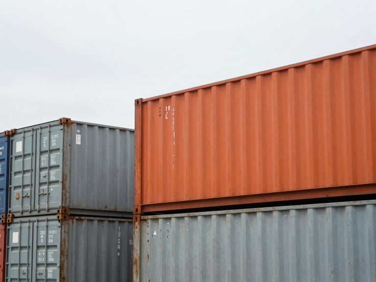 Crisp industrial photography of shipping containers being loaded at docks under cool overcast daylight, desaturated steel and safety orange tones, sharp focus, 35mm