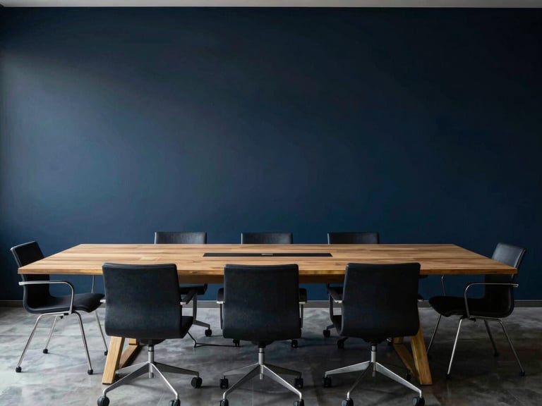 Quiet boardroom post-meeting, structured seating, cool morning tones, architectural lines, deep navy and muted gold tones, high contrast, 35mm lens