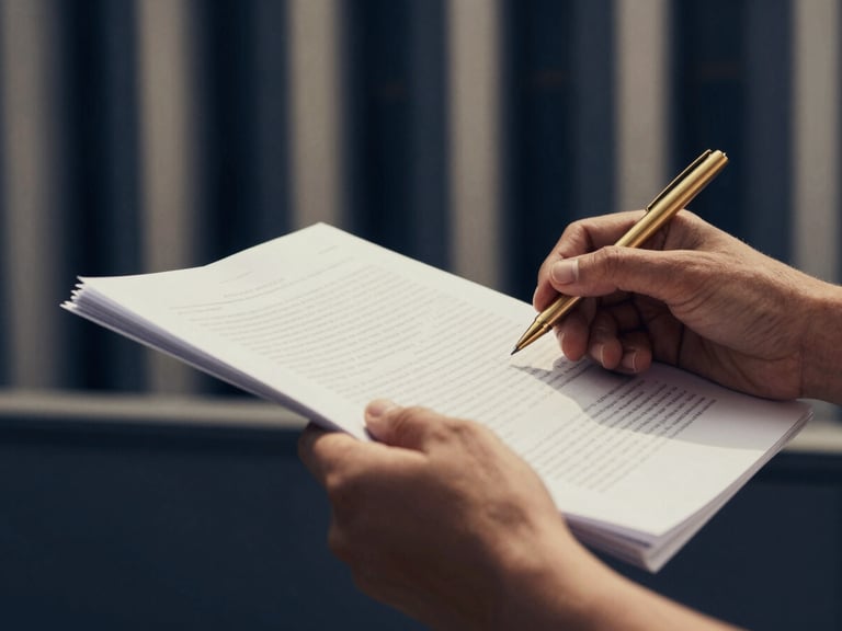 Close-up of hands reviewing physical documents with a gold pen, architectural daylight, high contrast, deep navy and muted gold tones, 35mm lens
