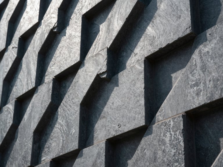Macro perspective of a highly structured modern architectural facade, sharp linear shadows, cool daylight, high contrast, slate grey tones.