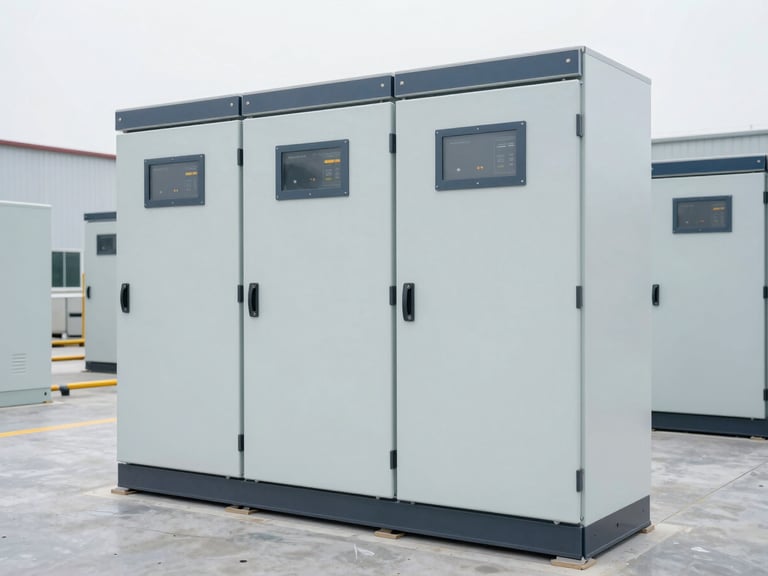 Straight-on technical elevation of a medium-voltage switchgear cabinet, clean factory floor, bright overcast daylight, sharp focus