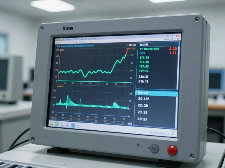 Close-up of a digital terminal interface displaying real-time voltage curves and telemetry data on a high-resolution screen inside a clean control room.