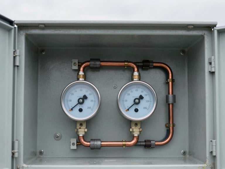 A detailed close-up of a heavy-duty industrial metering cabinet interior, showcasing organized wiring, copper busbars, and robust sealing gaskets, bright overcast daylight, sharp focus, 35mm