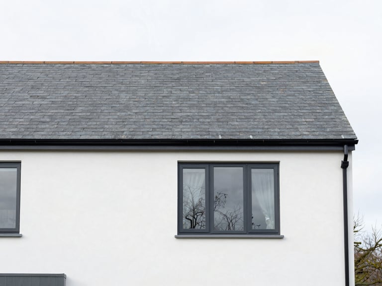 Medium shot of a clean modern Devon home exterior with slate roofing, bright overcast daylight, sharp focus, 35mm lens