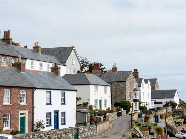 Wide shot of a scenic Devon coastal town landscape with clean brick and stone homes under bright overcast daylight, clean architectural photography.