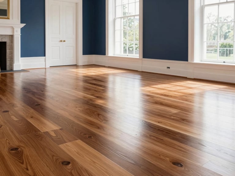 Polished hardwood floor reflecting natural light in a grand luxury estate living room, meticulous detail, warm wood tones, crisp focus, professional architectural lens.