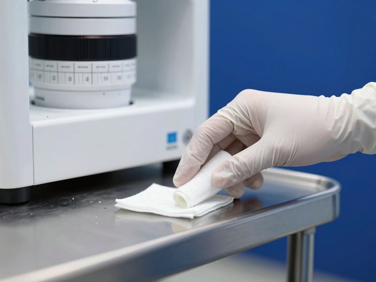 Close-up of a gloved hand precisely sanitizing a stainless steel medical equipment surface in a sterile environment, bright natural light, sharp focus, crisp commercial photography.