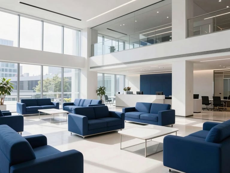 Wide shot of a modern, pristine corporate office lobby with geometric furniture, bright natural light, deep blue and white tones, sharp focus, crisp commercial photography.