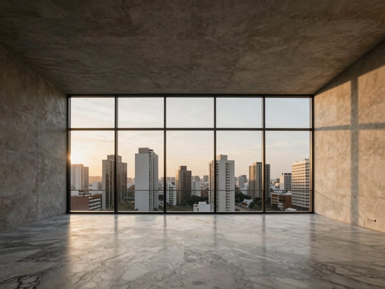 Wide panoramic view of a minimalist luxury penthouse interior, double-height ceiling, raw concrete walls, Italian travertine marble floor, large glass windows showing São Paulo skyline at golden hour.