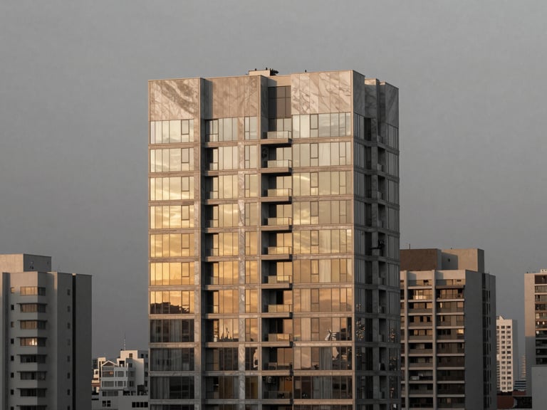 Architectural close-up of a luxury penthouse in São Paulo at twilight, desaturated graphite tones with warm champagne gold lighting reflecting on glass and marble facades, minimalist composition, medium format lens.