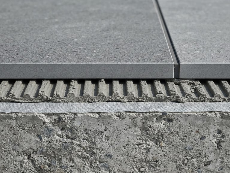 Wide-angle architectural photography, extreme macro cross-section of a high-performance commercial tiling system showing substrate, adhesive, and porcelain layers, cool gray concrete tones, sharp daylight, high contrast, 35mm lens