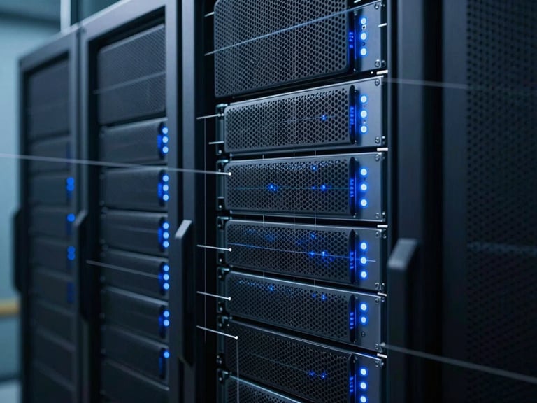 Cool-toned, high-contrast macro shot of physical data center server racks, illuminated by sharp blue LED indicator lights, structured blueprint grid overlay.