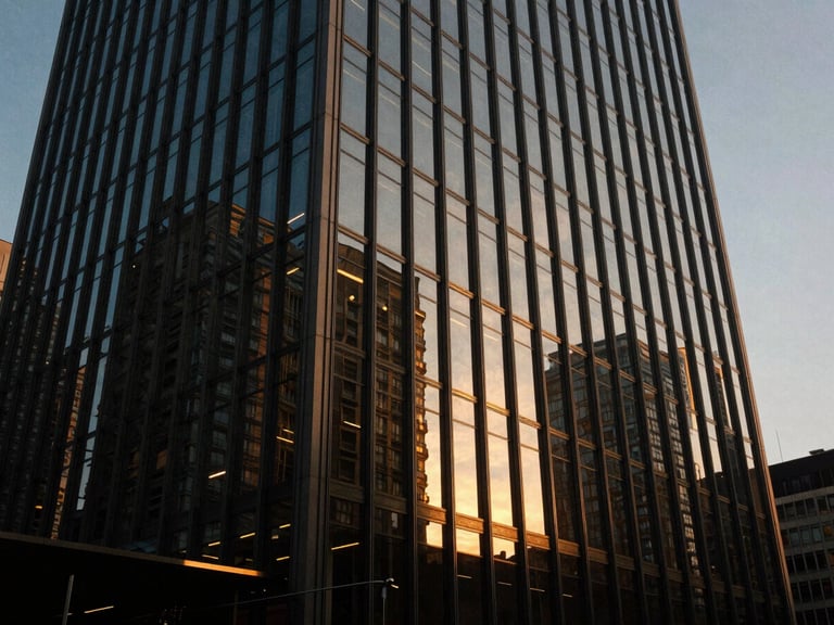 Low-angle architectural perspective of a modern glass skyscraper reflecting twilight golden hour light, deep shadows, dark obsidian tones, 35mm film aesthetic.