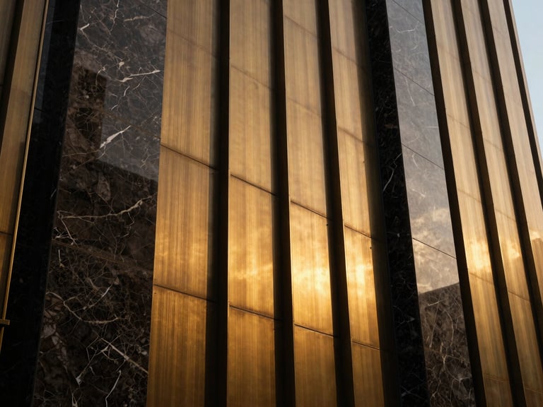 Extreme close-up of premium dark marble and brushed brass facade of a luxury tower, dramatic golden hour reflections