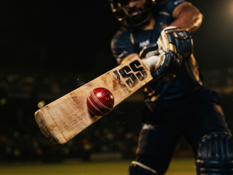 Dramatic low-key action shot of a cricket bat striking a ball, leather seam visible, sharp golden highlights, dark background.