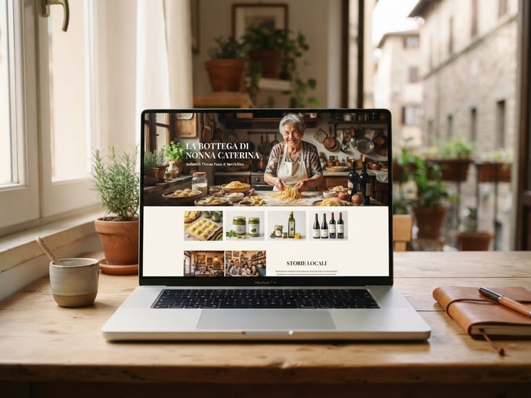 A modern laptop on a clean wooden desk showing a beautifully designed website for an Italian local business, soft natural morning light, warm editorial photography, 35mm lens