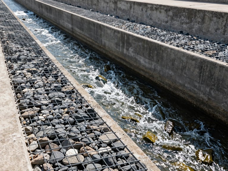 Wide shot of a concrete canal embankment reinforced with steel-mesh gabions filled with heavy stone, water flowing rapidly, bright daylight.