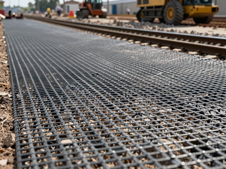 Close-up of high-strength geogrid mesh laid over subgrade soil on a railway construction site, heavy machinery blurred in the background, sharp focus.