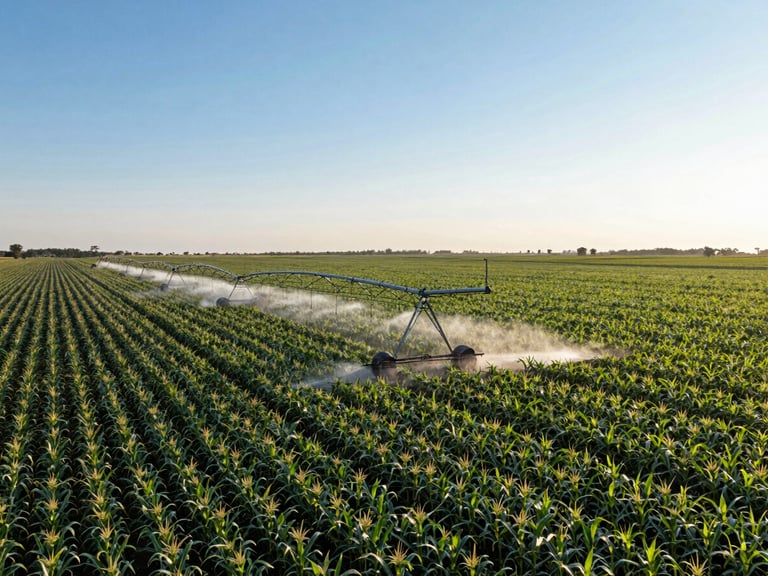 Wide-angle drone shot of a massive center pivot irrigation system operating in a lush green cornfield in Veracruz during golden hour, water mist catching the warm late afternoon light, crisp documentary style.