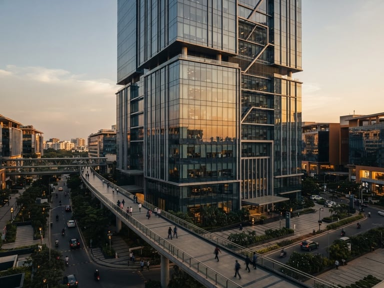 A sharp architectural shot of a modern business hub in Hyderabad, warm golden-hour daylight reflecting off clean glass facades, 35mm lens.
