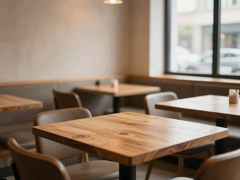 Inviting, cozy corner of a modern café with comfortable seating, warm wooden tables, and soft natural daylight, wide environmental shot, 35mm
