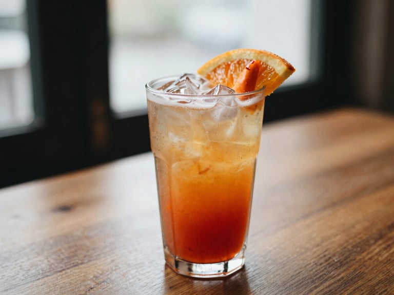 Close-up of a vibrant iced beverage with fresh fruit garnishes on a wooden table, soft natural window light, rich appetizing tones, shallow depth of field, 35mm