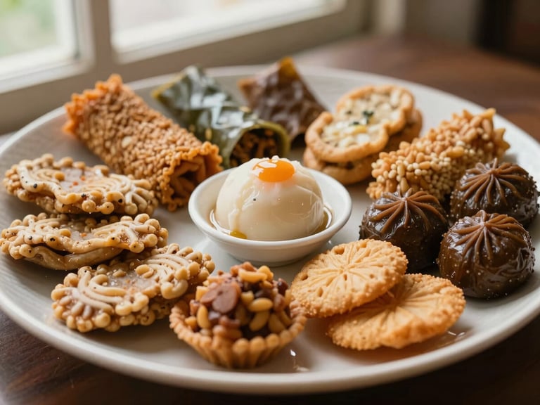 Assortment of local Malaysian snacks on a textured plate, warm editorial food photography, soft natural window light, rich appetizing tones, shallow depth of field, 35mm