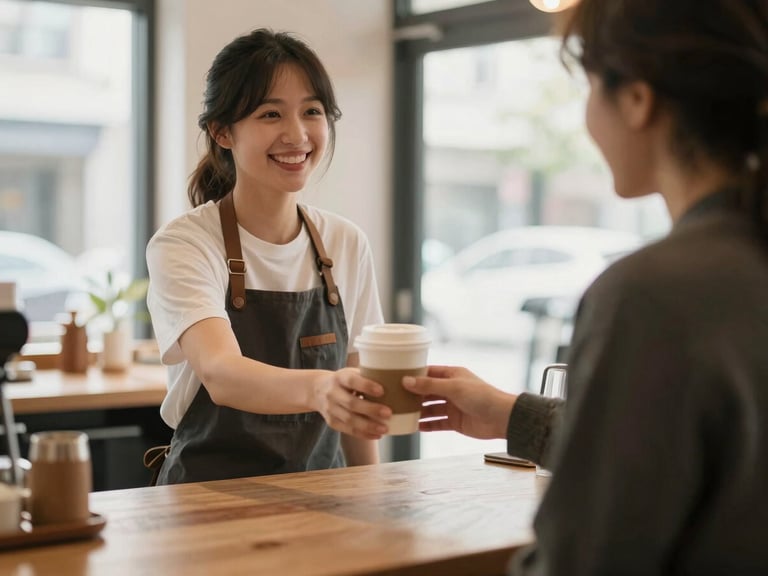 Smiling barista handing a coffee cup to a customer at a warm café counter, soft natural window light, inviting atmosphere, 35mm
