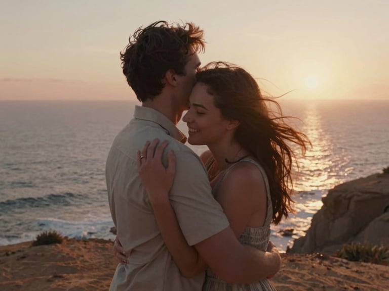 Cinematic medium shot of a couple embracing on a windswept coastal cliff, warm sunset light reflecting off the ocean, authentic candid smiles, 35mm film aesthetic.