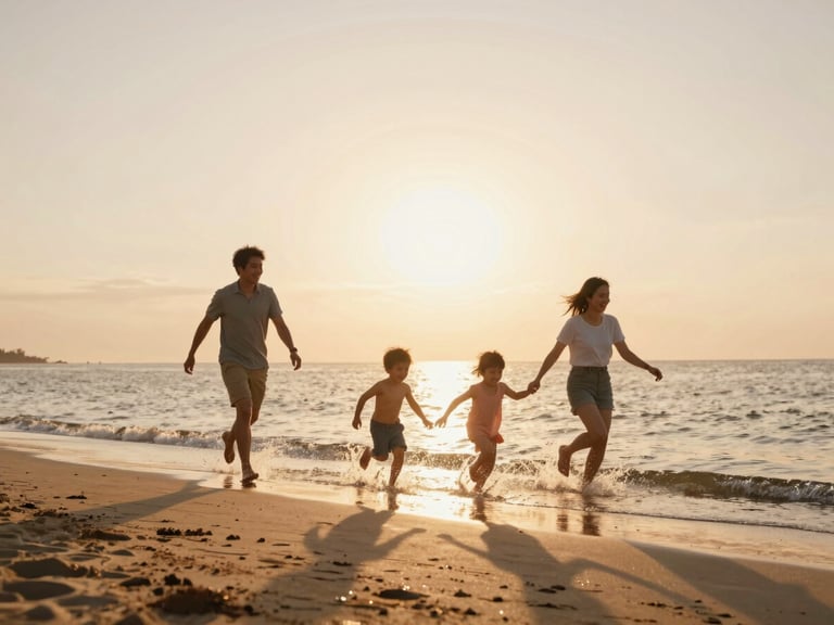 Candid wide shot of parents and two young children running along a sandy beach, backlit by a warm golden sun, splashing water, pure joy and movement.
