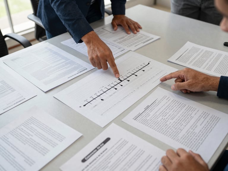 Overhead documentary shot of a structured planning session in a Brazilian public institution, printed policy documents and annotated spreadsheets spread across a wide conference table, two hands pointing at a timeline chart, natural daylight from institutional windows, no faces visible
