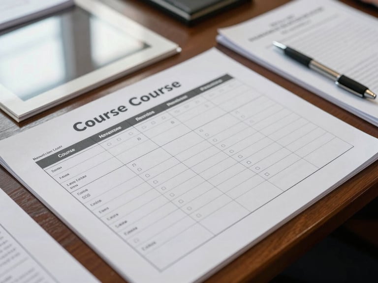 Overhead close-up of a printed course agenda and planning calendar spread on a government meeting table, pens and official documents alongside, even natural light from a nearby window, no faces visible — documentary detail shot