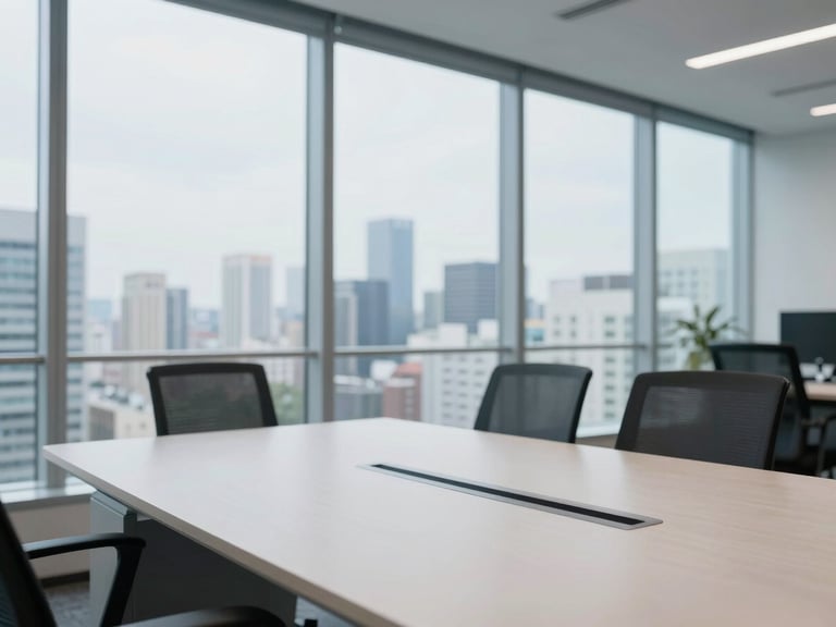 Vista de um escritório corporativo moderno com grandes janelas, mostrando a cidade ao fundo, com foco em uma mesa de reunião limpa e vazia, luz natural.