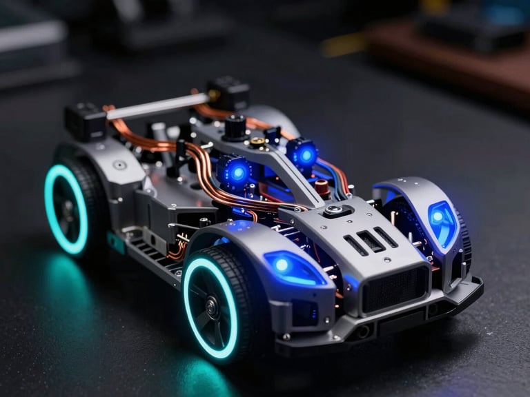 A close-up shot of a physical robotic car chassis on a dark workbench, glowing blue LED sensors, exposed copper wiring, neon cyan rim lighting, macro depth of field.