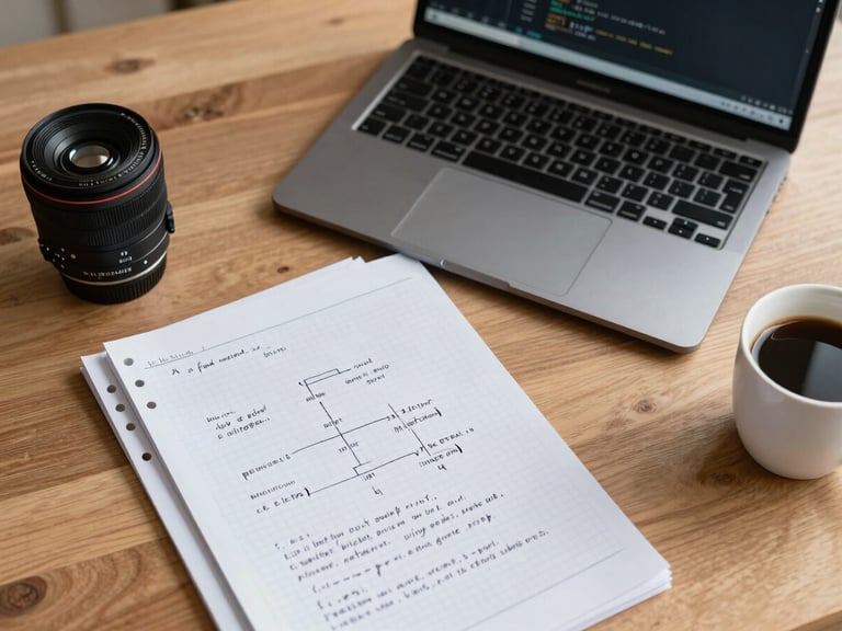 Overhead close-up of a wooden desk with a laptop showing code, handwritten notes on grid paper, a printed process diagram with annotations, and a coffee cup to one side — bright even studio daylight from above, no person visible, documentation of real work