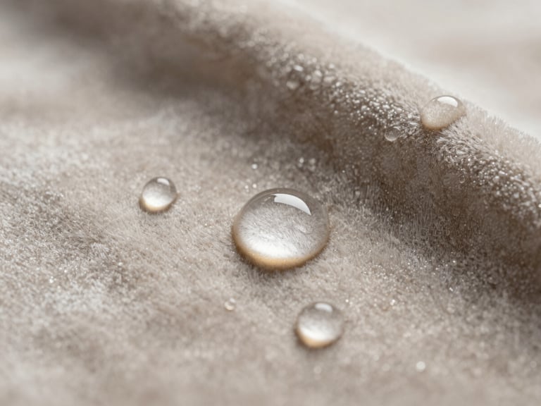 Extreme macro shot of water droplets perfectly beading up on a luxurious light-colored velvet fabric, soft golden side lighting highlighting the spherical water tension
