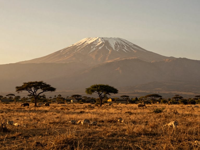 Wide-angle photograph of Amboseli savanna during golden hour, Mount Kilimanjaro rising majestically in the background, warm natural light, rich earthy tones.