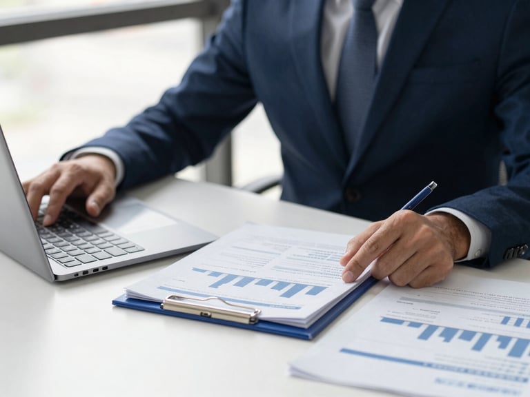 Professional auditor reviewing financial statements and project reports on a desk, with a laptop and documents, natural daylight, crisp details, professional corporate realism