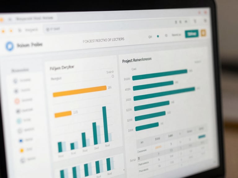 Clean, interactive dashboard interface showing project progress and budget allocation, crisp details, professional corporate realism, 35mm lens, shallow depth of field.