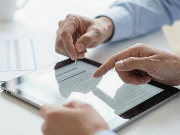 Close-up of hands reviewing project proposal documents on a modern tablet, natural daylight, crisp details, professional corporate realism, 35mm lens, shallow depth of field.